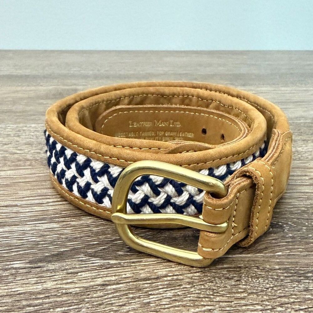 Leather Man Ltd Size 32 Woven Leather Belt Solid Brass Buckle Navy White